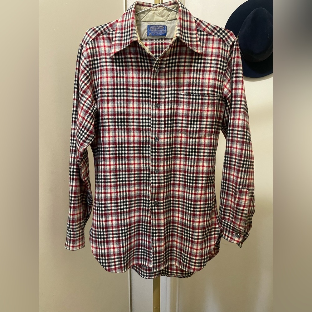 Vtg Pendleton Virgin Wool Men's Plaid Shirt Red Black Gray White Made USA Sz S